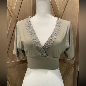 Olive Green Women's Size M V-neck crop top with lace embroidered trim